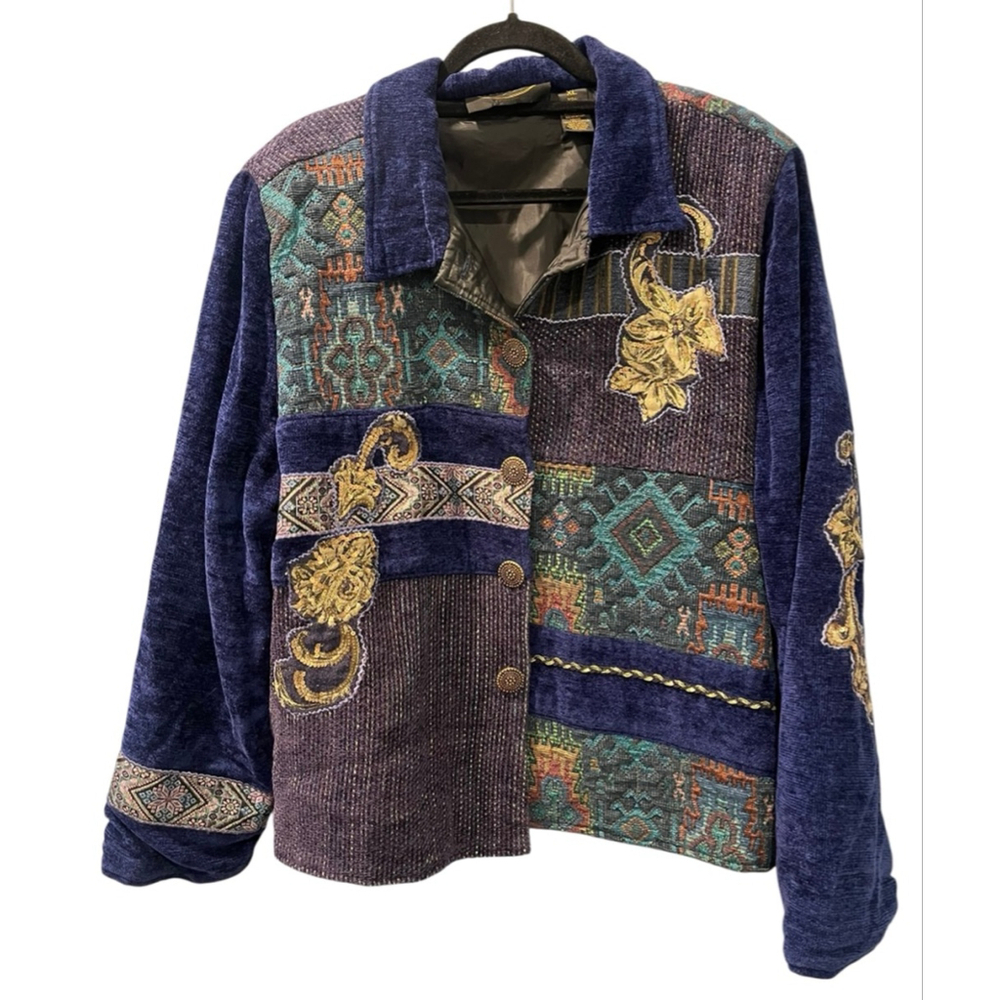 Vintage Alex Kim Size XL Blue Tapestry Patchwork Sequins Line Colorful Jacket